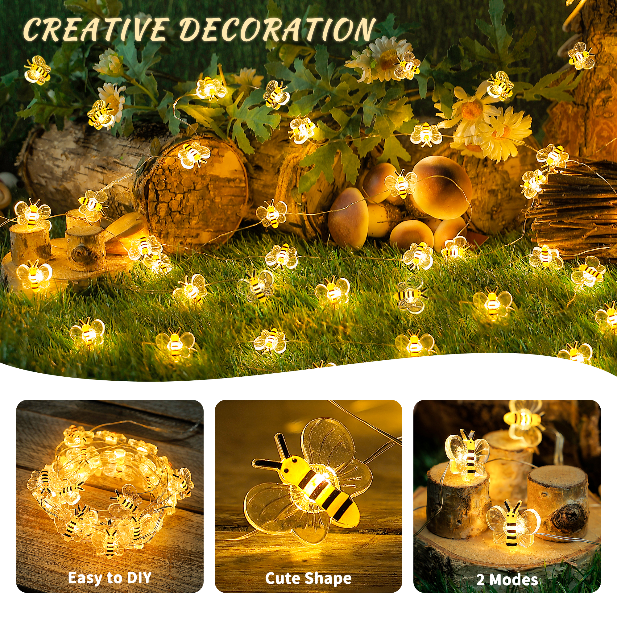 Guirlande lumineuse féerique à 30 LED en forme d'abeille mignonne