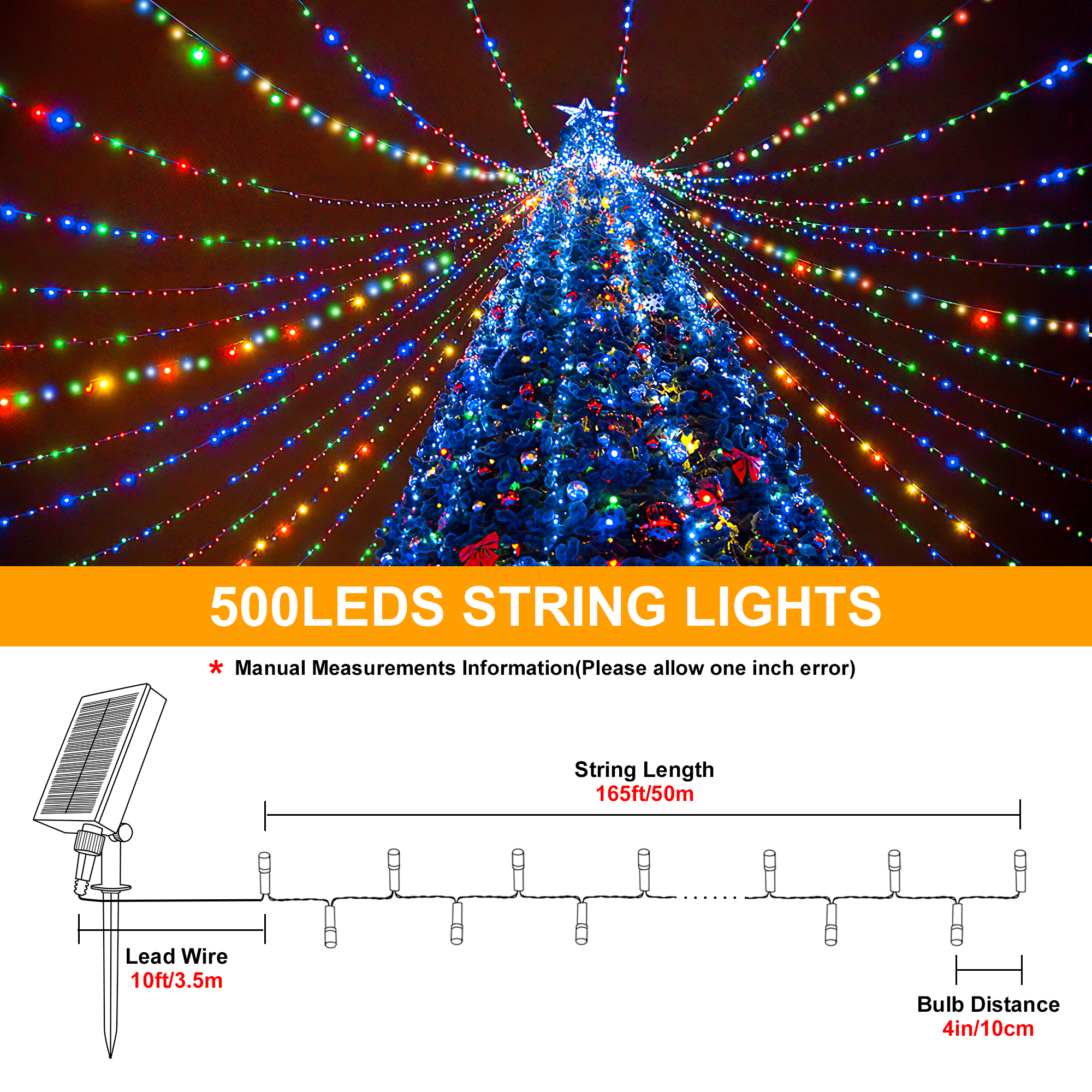 Guirlandes lumineuses solaires 500LED 165FT