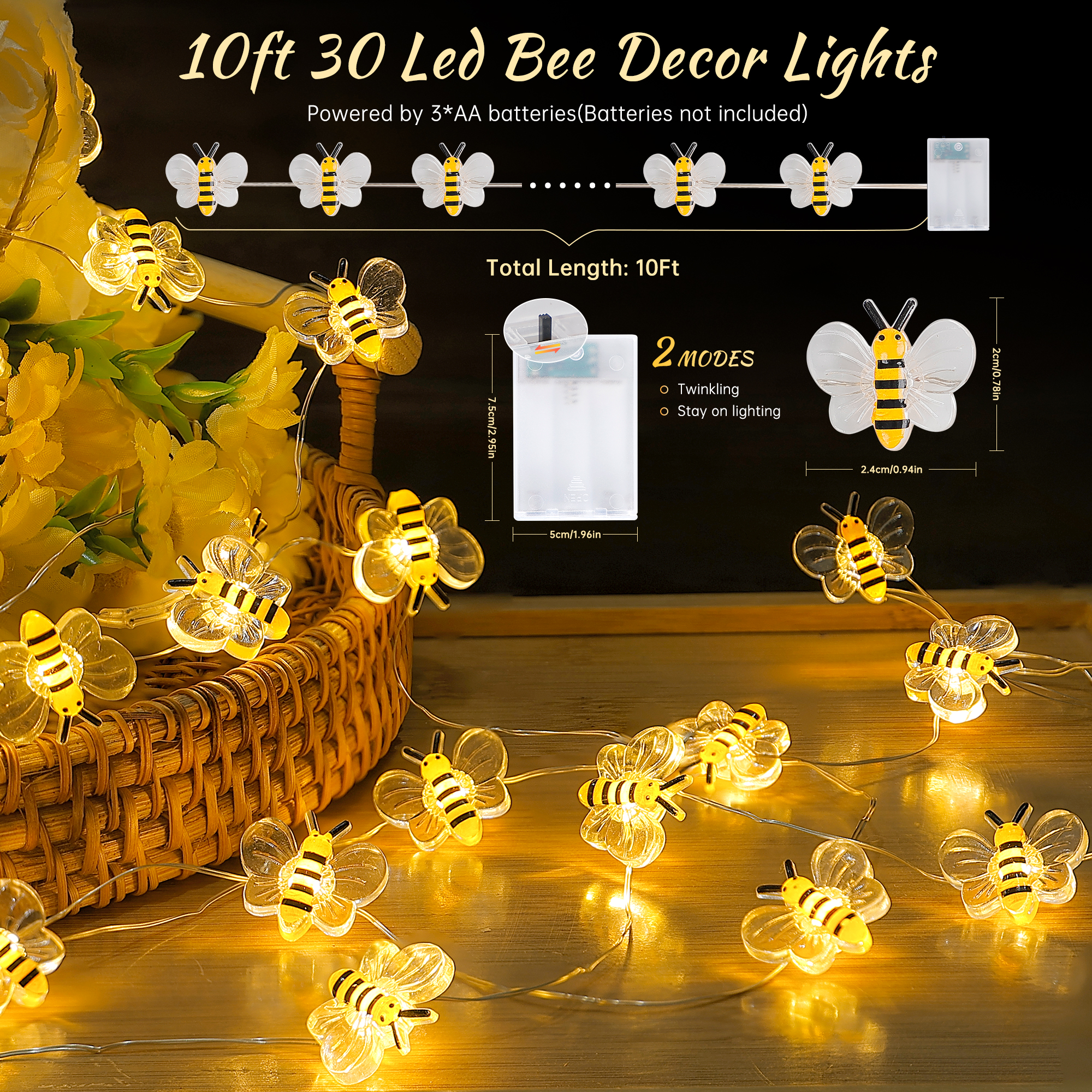 Guirlande lumineuse féerique à 30 LED en forme d'abeille mignonne