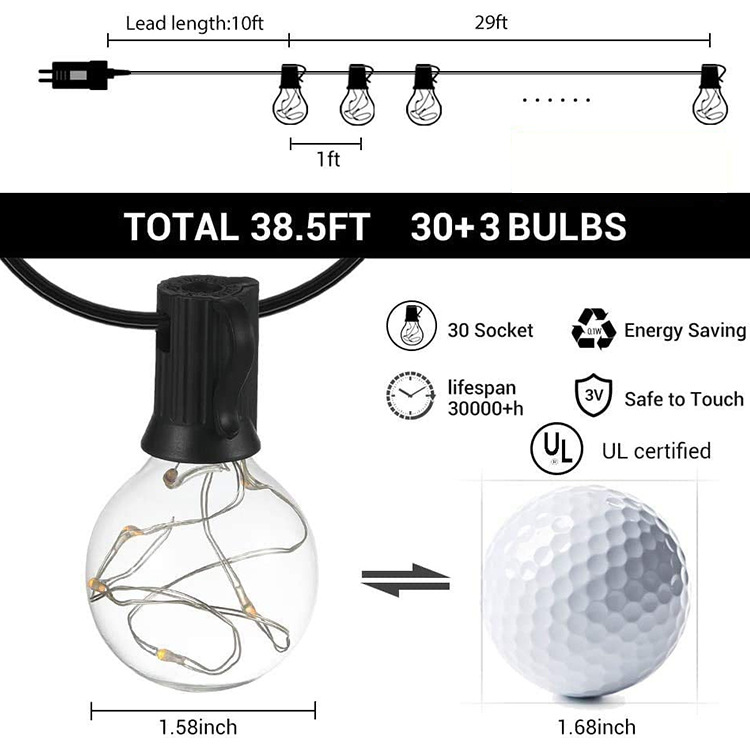 Ampoules en fil de cuivre, 30 lumières de patio à LED