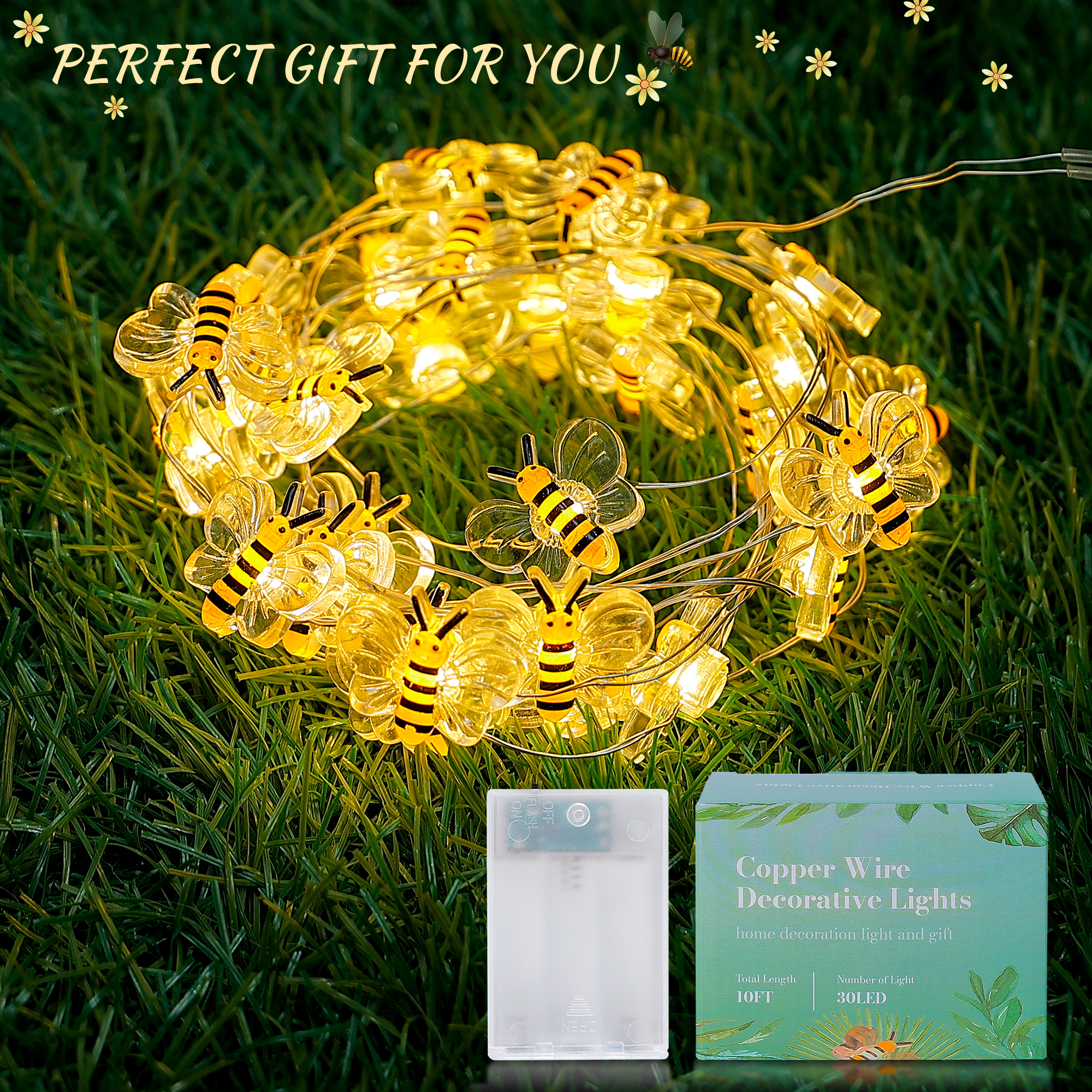 Guirlande lumineuse féerique à 30 LED en forme d'abeille mignonne