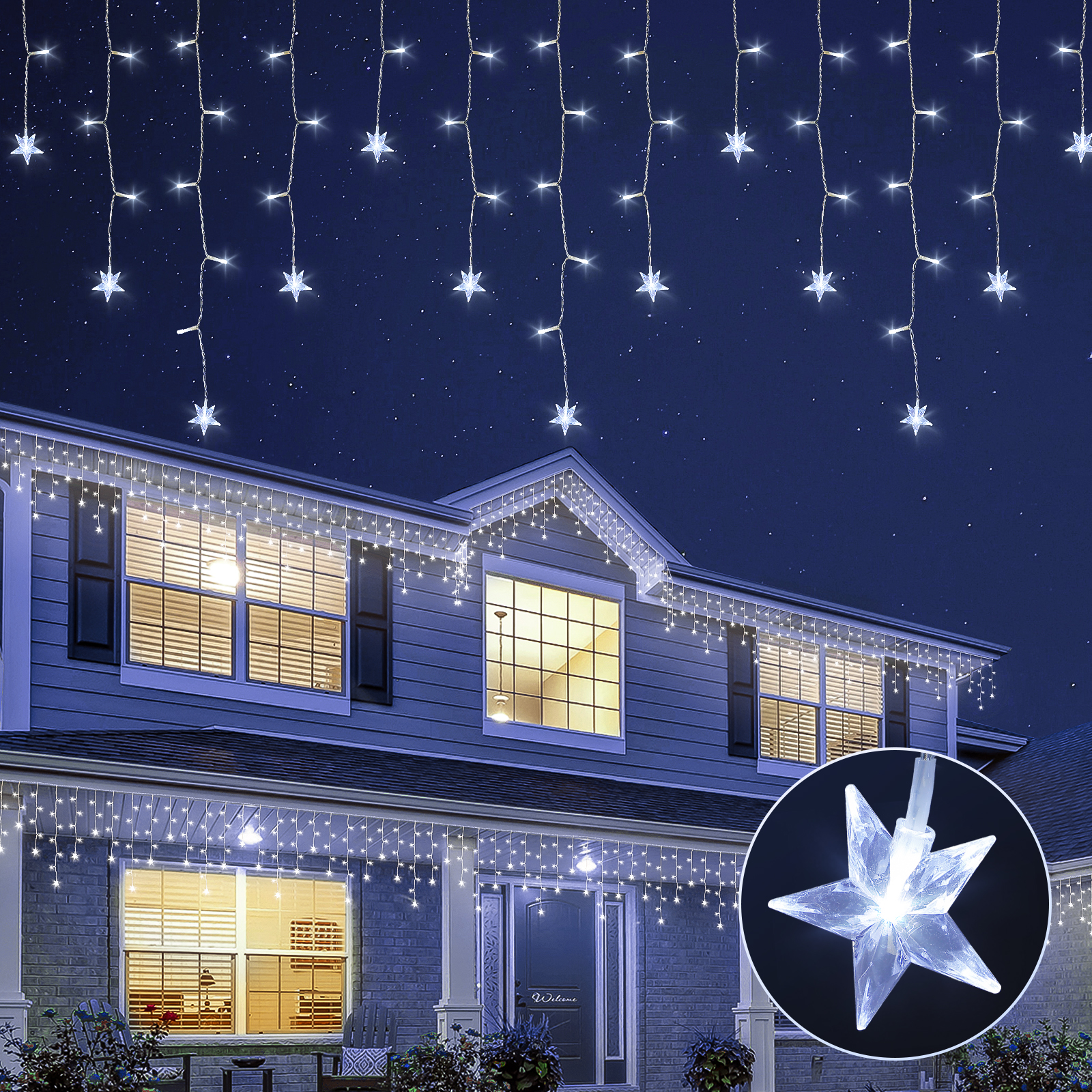 Lumières de glaçons étoiles à fil blanc 200LED