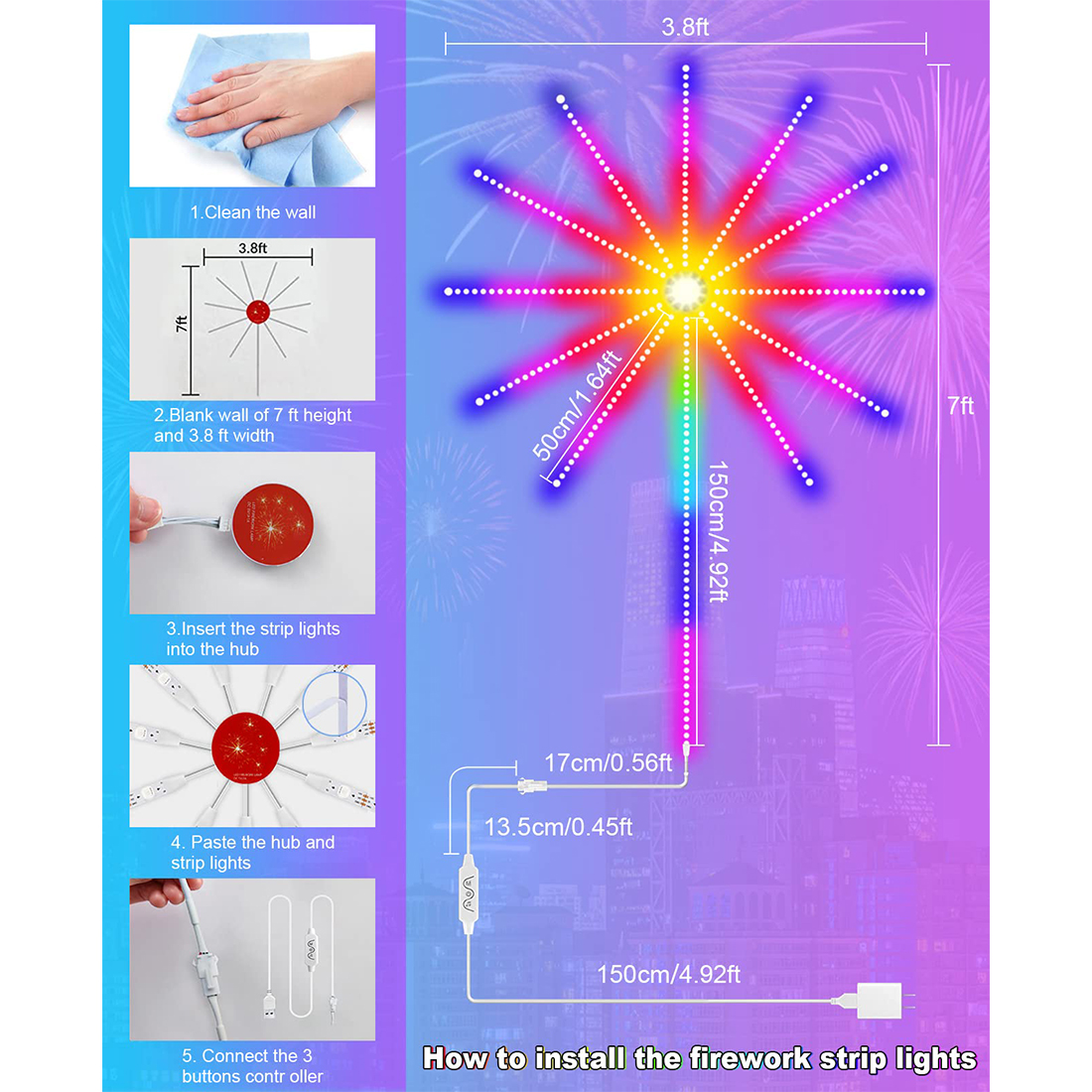 Présentation de la taille des bandes de feux d'artifice LED intelligentes RVB