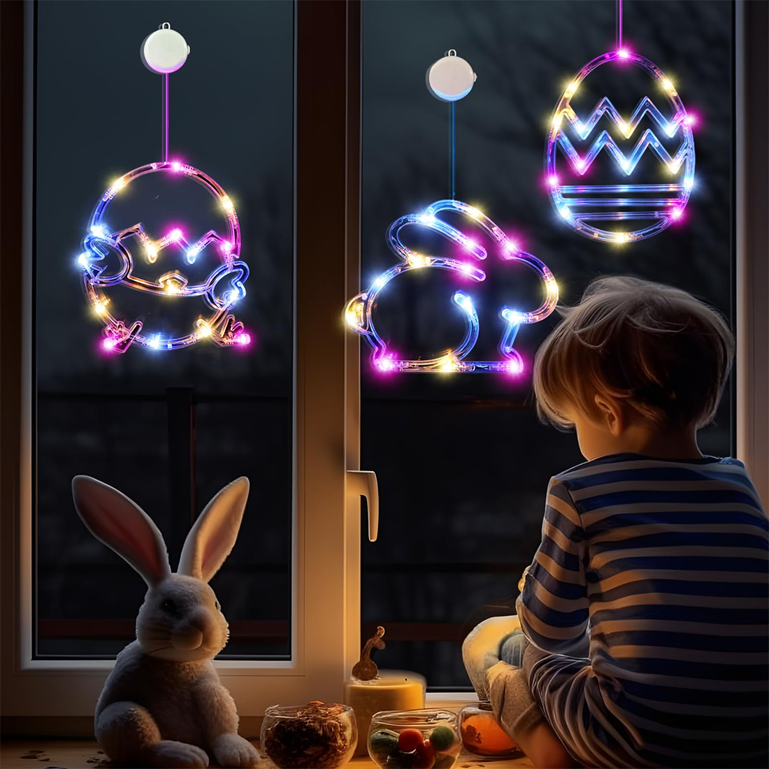 Image de scène de lumières de fenêtre suspendues à LED de Pâques multicolores