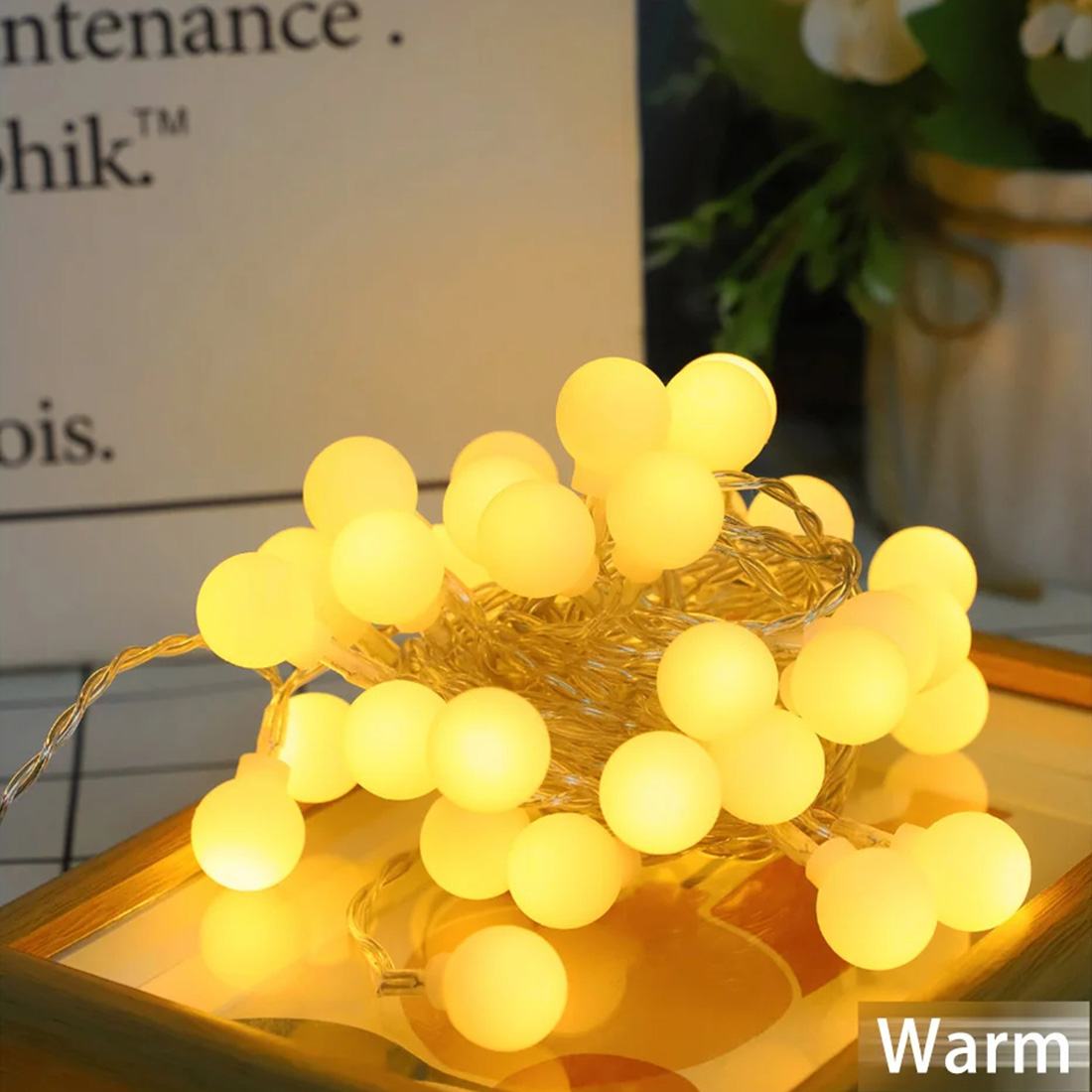 Mini guirlande de boules blanches chaudes, image lumineuse