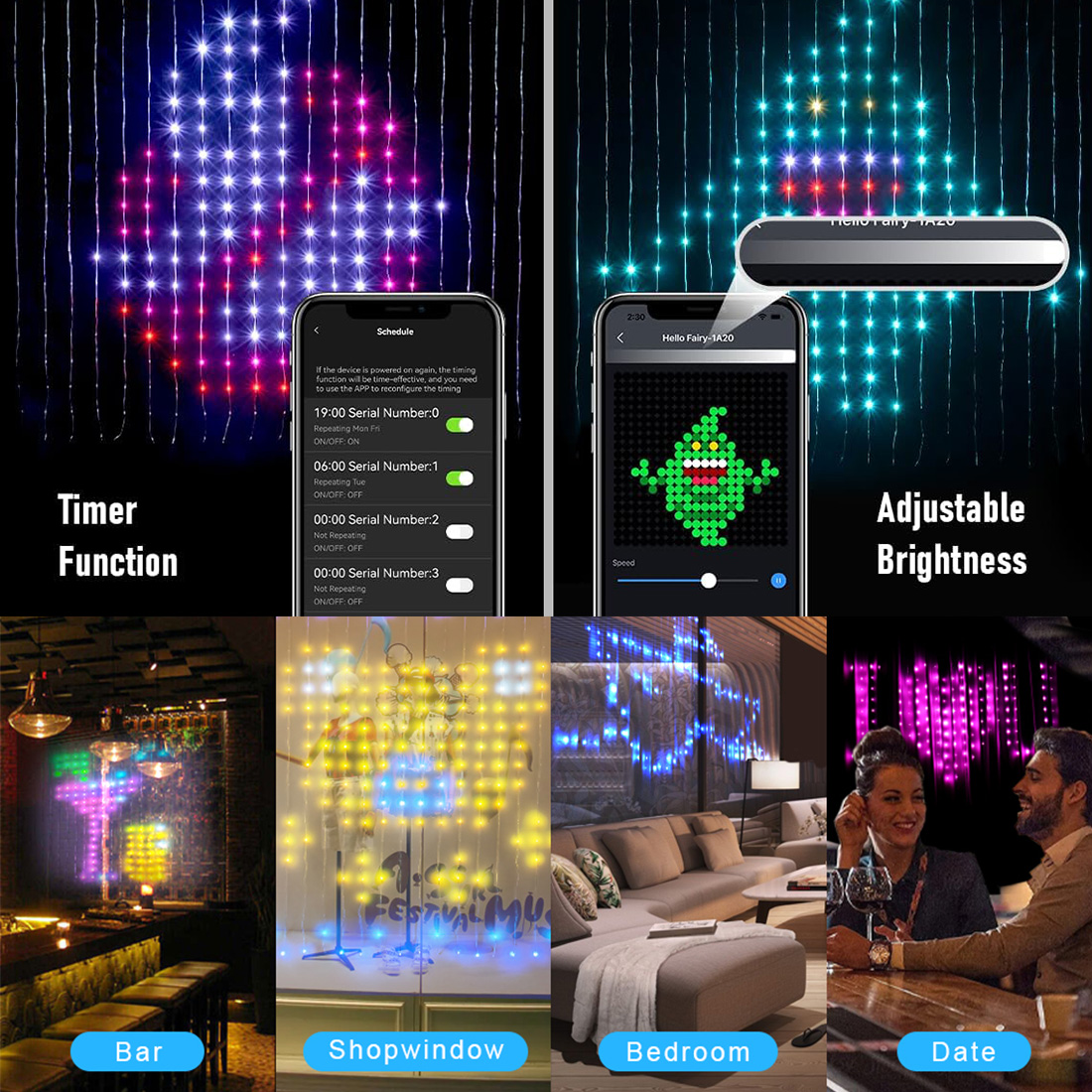 Les rideaux lumineux intelligents avec application Bluetooth affichent une image