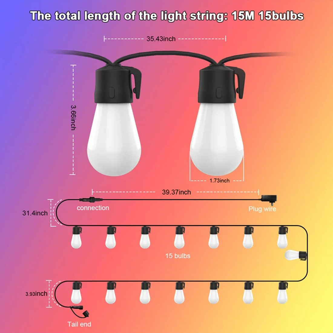 Guirlande lumineuse couleur LED S14Smart, affichage de taille intelligente