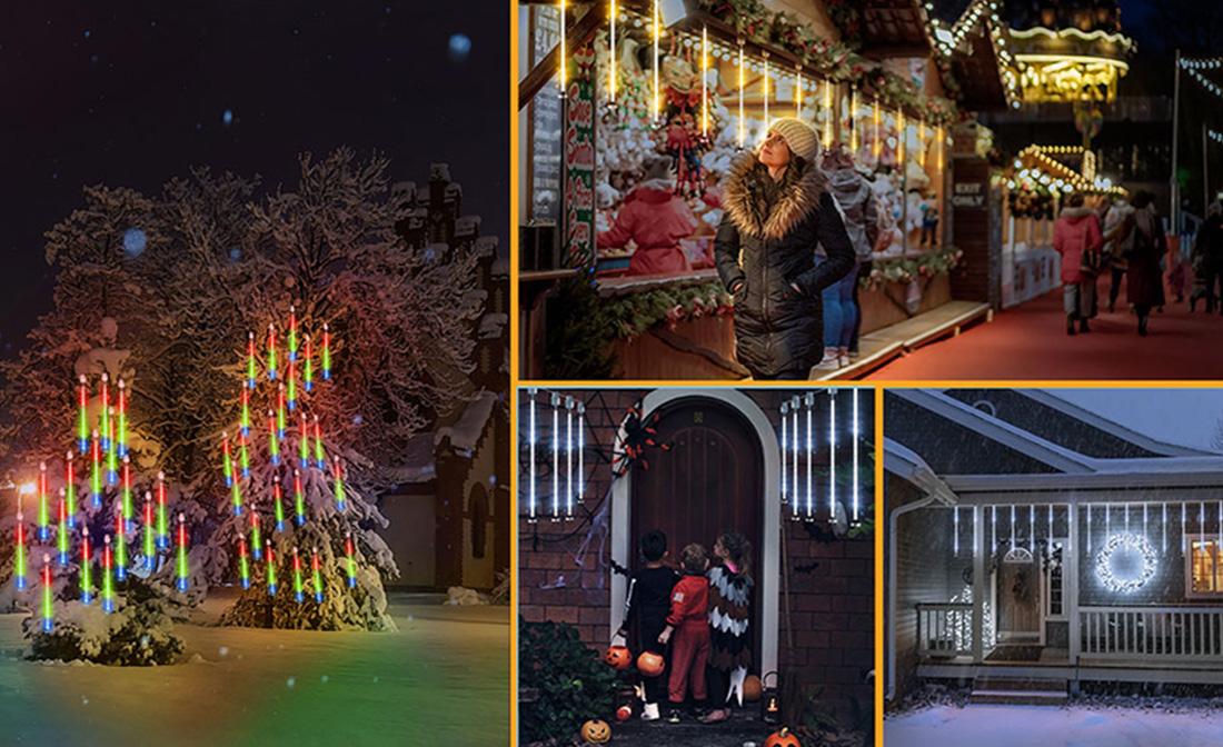 Photo de scène de lumières de pluie de noël de pluie de météores à LED