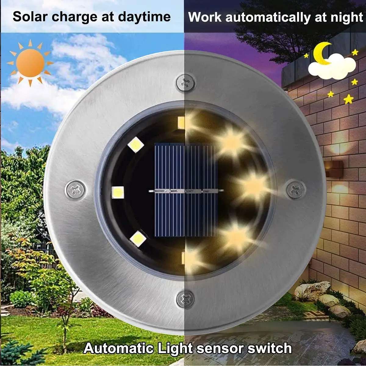 Lumières solaires extérieures imperméables au sol, photo de jour et de nuit