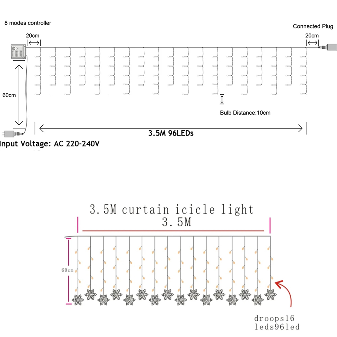 Guirlande lumineuse LED flocon de neige 4M, taille image 